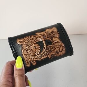 Vintage Tooled Black Leather Wallet Mens Handmade 1970s Western Boho Cowboy 70s